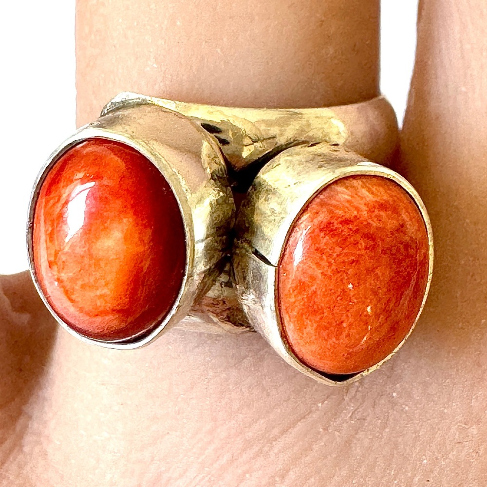 Navajo Red Spiny Wrap Ring Sz 9 Adjustable Bypass Sterling Signed MW VTG